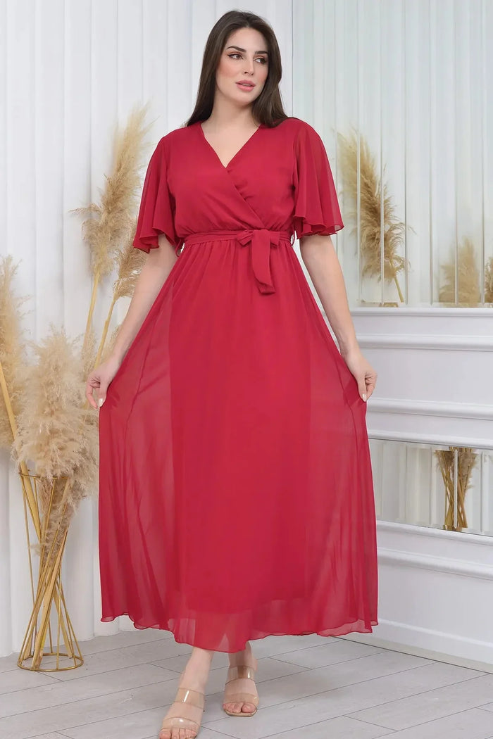 Bordo Şifon Sıfır Kol Büyük Beden Elbise - Elbise Delisi