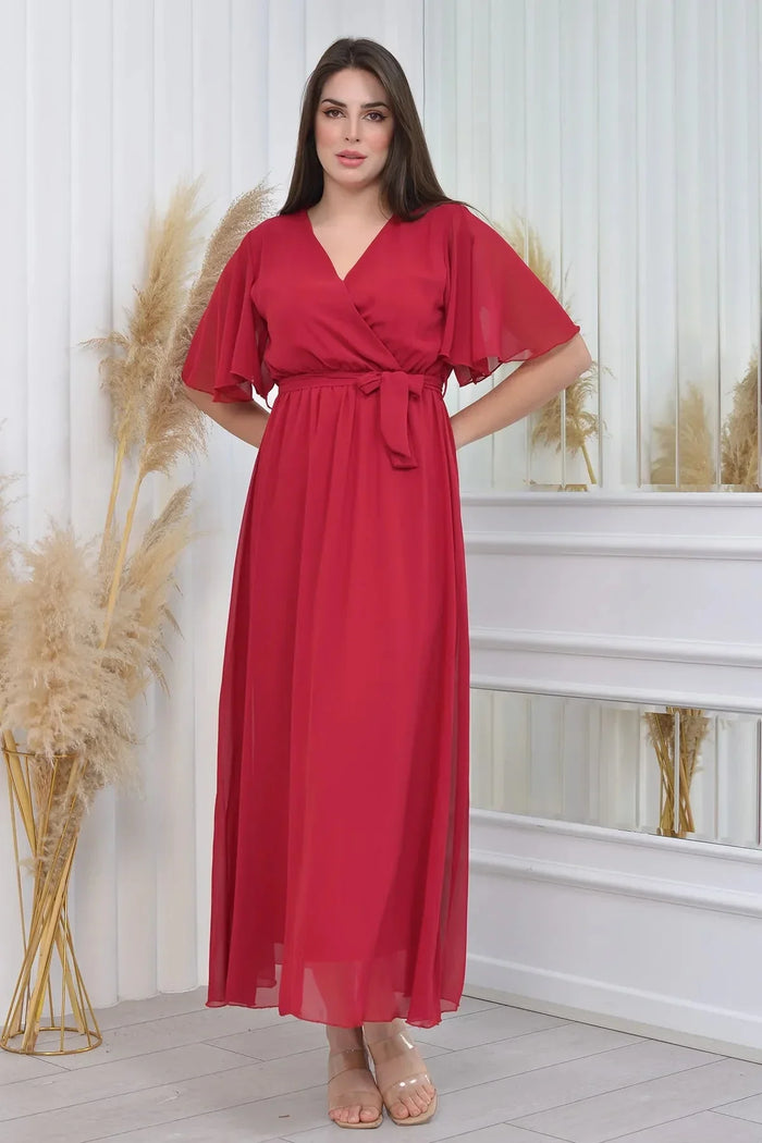 Bordo Şifon Sıfır Kol Büyük Beden Elbise - Elbise Delisi