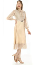 Ekru Boyundan Bağlamalı Fransız Güpür Piliseli Abiye Elbise 