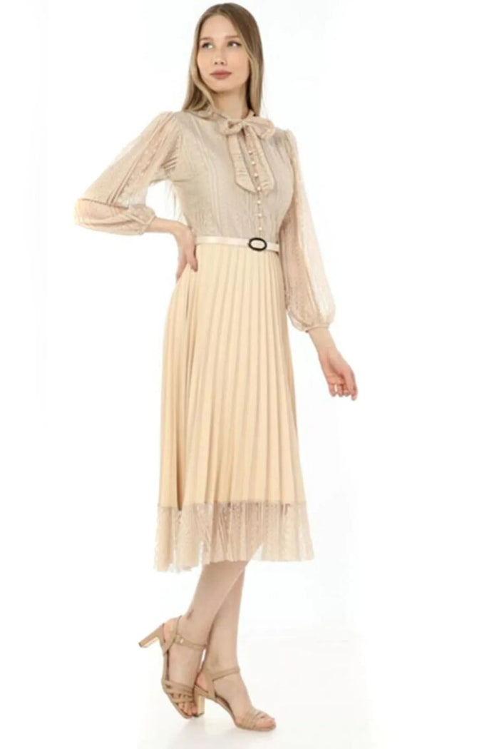 Ekru Boyundan Bağlamalı Fransız Güpür Piliseli Abiye Elbise - Elbise Delisi