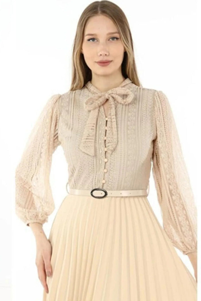 Ekru Boyundan Bağlamalı Fransız Güpür Piliseli Abiye Elbise - Elbise Delisi