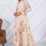 Ekru Çiçekli Kruvaze Yaka Şifon Büyük Beden Elbise