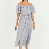 Gri Volanlı Madonna Yaka Büyük Beden Şifon Elbise