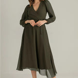 Haki Balon Kol Kruvaze Midi Boy Şifon Elbise