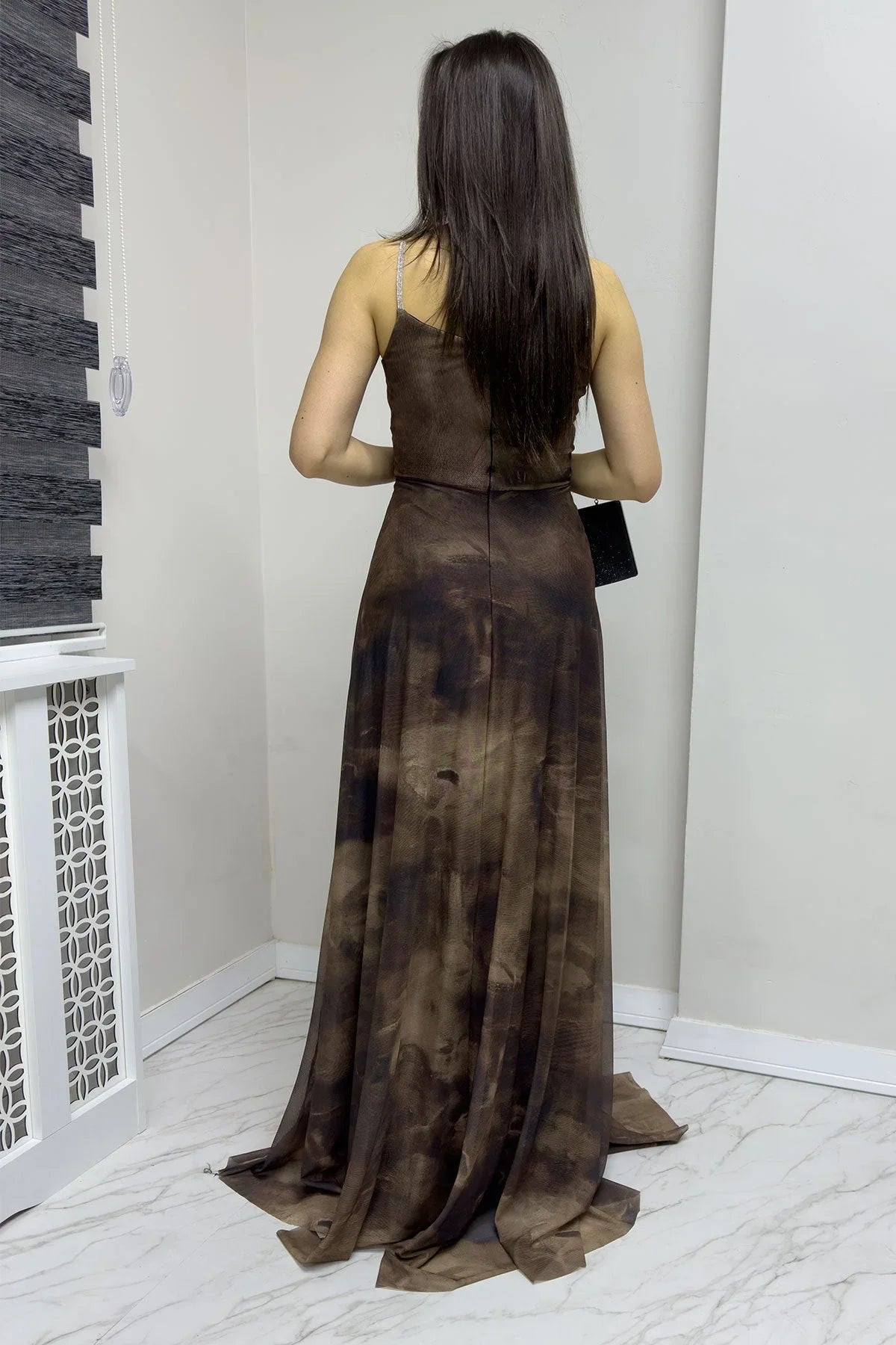 Kadın Batik Taş Askılı Ayarlanabilir Yırtmaçlı Büyük Beden Abiye Elbise - Elbise Delisi