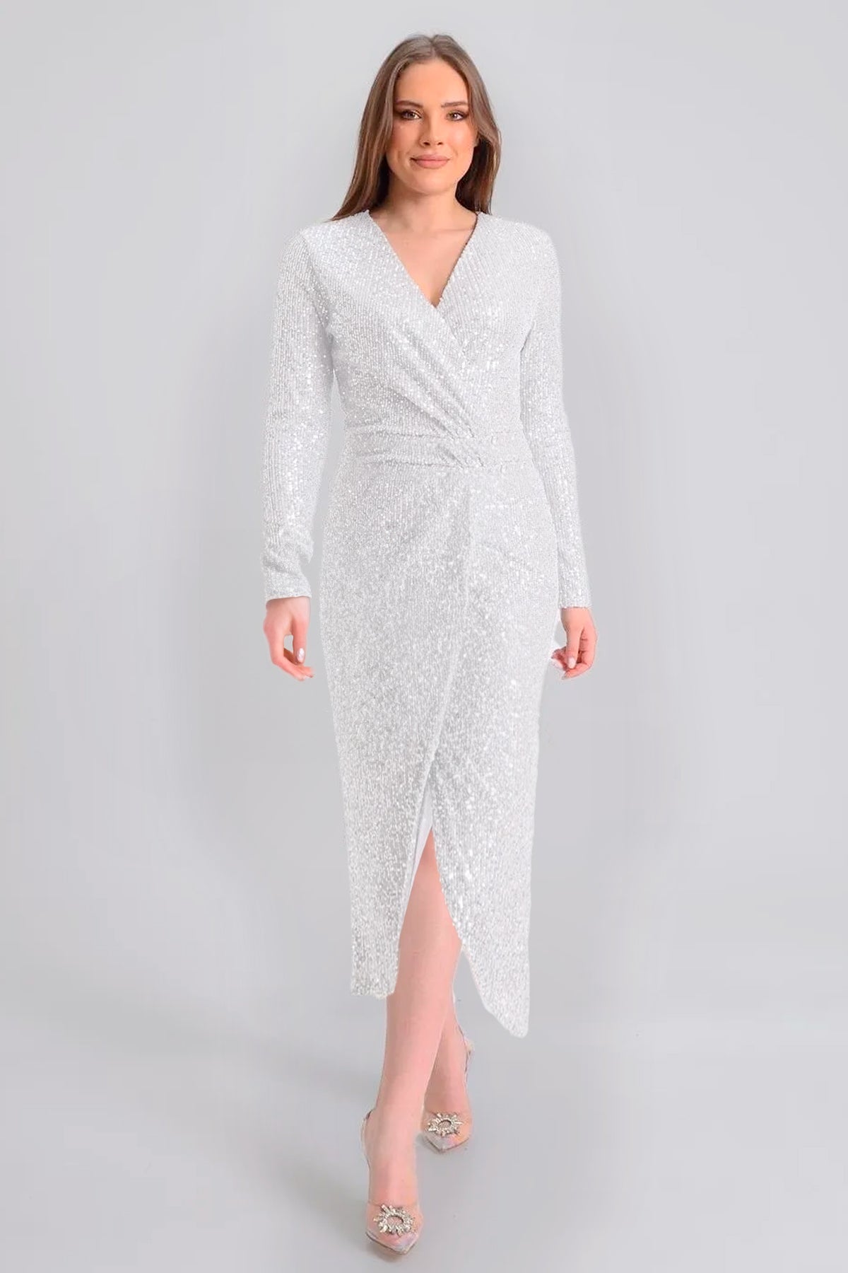 Kadın Beyaz Kruvaze Yaka Pul Payet Tasarım Büyük Beden Abiye Elbise - Elbise Delisi