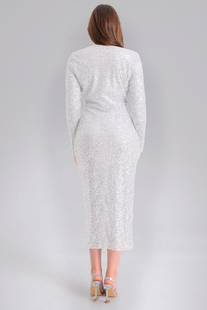 Kadın Beyaz Kruvaze Yaka Pul Payet Tasarım Büyük Beden Abiye Elbise - Elbise Delisi