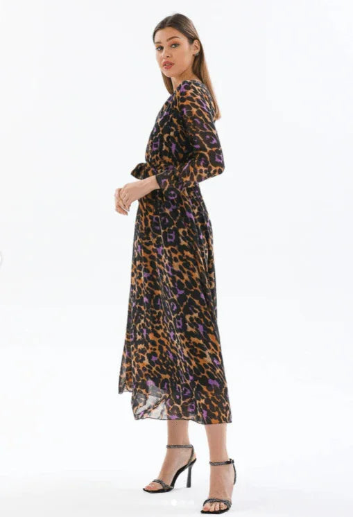 Kadın Desenli Kruvaze Yaka Şifon Elbise - Elbise Delisi