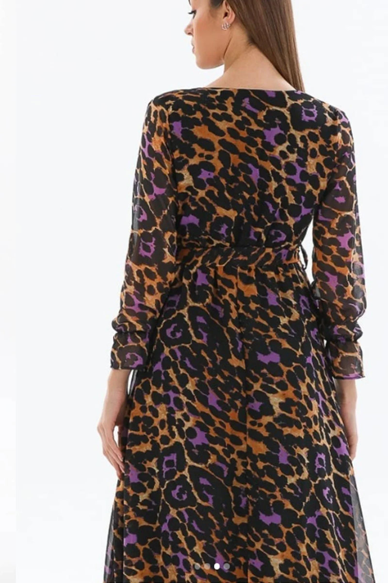 Kadın Desenli Kruvaze Yaka Şifon Elbise - Elbise Delisi
