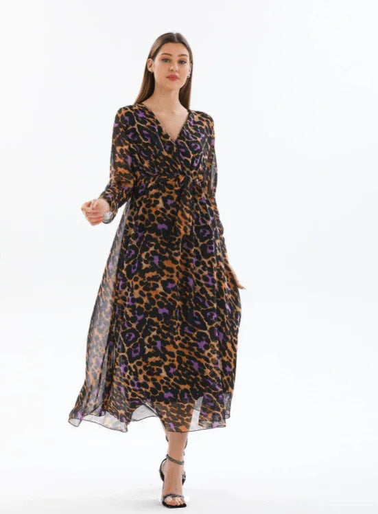 Kadın Desenli Kruvaze Yaka Şifon Elbise - Elbise Delisi