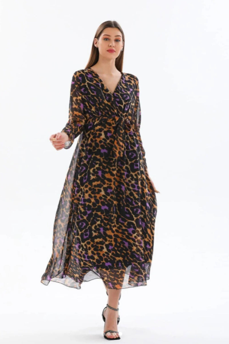 Kadın Desenli Kruvaze Yaka Şifon Elbise - Elbise Delisi