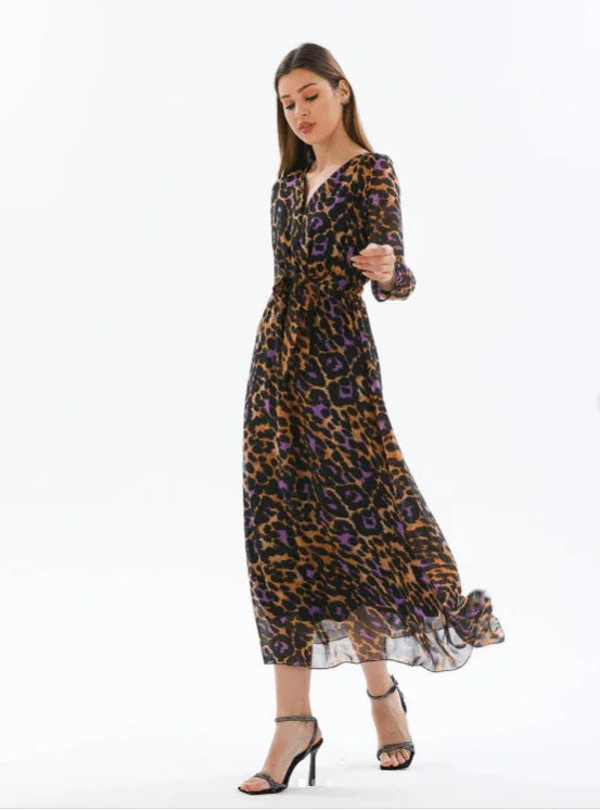 Kadın Desenli Kruvaze Yaka Şifon Elbise - Elbise Delisi