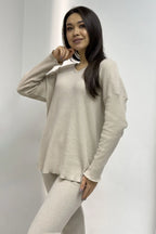 Kadın Ekru V Yaka Alt Üst Takım - Elbise Delisi