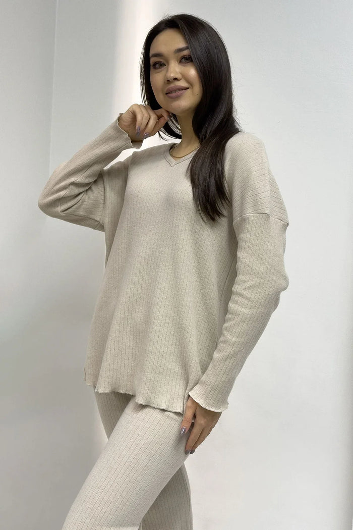 Kadın Ekru V Yaka Alt Üst Takım - Elbise Delisi