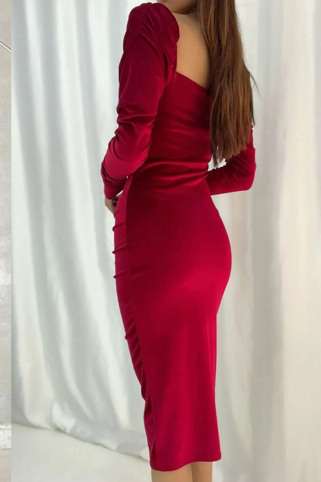 Kadın Kırmızı Kalp Yaka Drapeli Kadife Yeni Sezon Abiye Elbise - Elbise Delisi