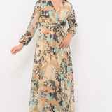 Kadın Krem Batik Kruvaze Yaka Şifon Elbise