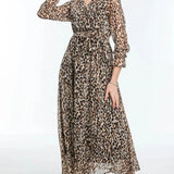 Kadın Leopar Kruvaze Yaka Şifon Elbise