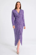 Kadın Lila Kruvaze Yaka Pul Payet Tasarım Büyük Beden Abiye Elbise