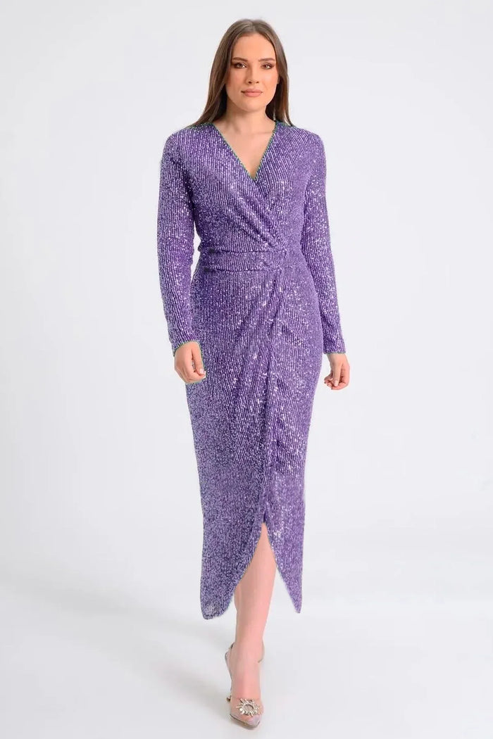 Kadın Lila Kruvaze Yaka Pul Payet Tasarım Büyük Beden Abiye Elbise - Elbise Delisi