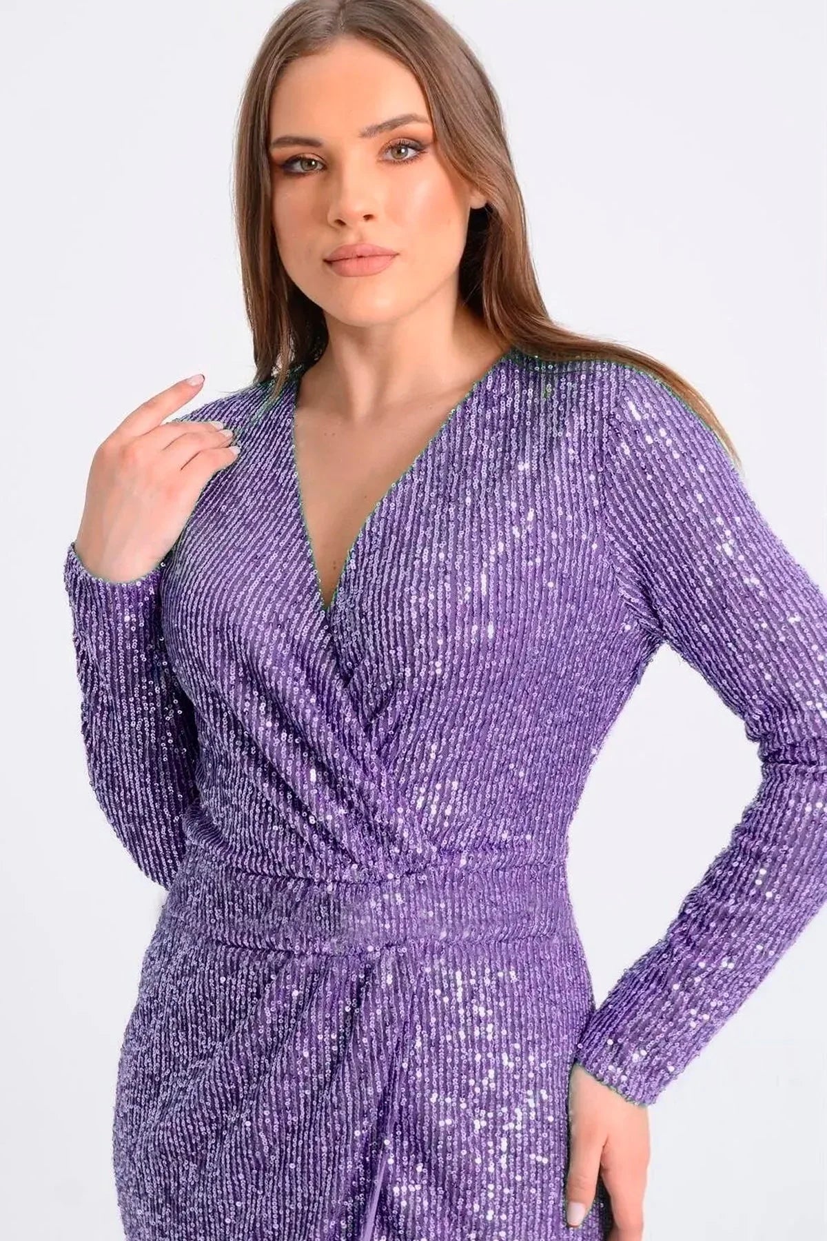 Kadın Lila Kruvaze Yaka Pul Payet Tasarım Büyük Beden Abiye Elbise - Elbise Delisi