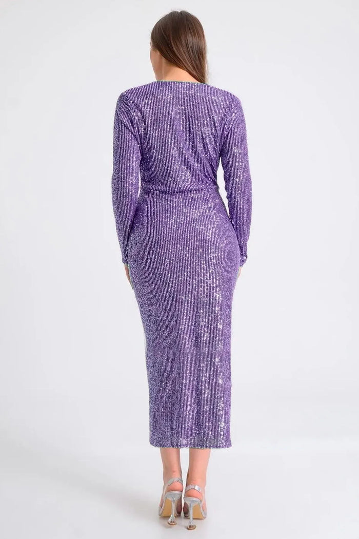 Kadın Lila Kruvaze Yaka Pul Payet Tasarım Büyük Beden Abiye Elbise - Elbise Delisi