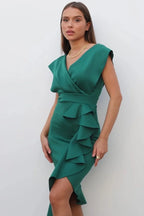 Kadın Midi Boy Sıfır Kol Fırfır Etek Tasarım Büyük Beden Elbise
