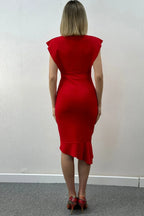 Kırmızı midi boy asimetrik etek büyük beden sıfır kol arka detay davet elbise 
