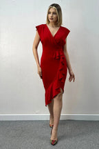 Kırmızı büyük beden sıfır kol fırfır detay asimetrik etek tasarım elbise 