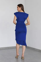 Kadın büyük beden arka görünüm saks mavi midi boy sıfır kol tasarım davet elbisesi 