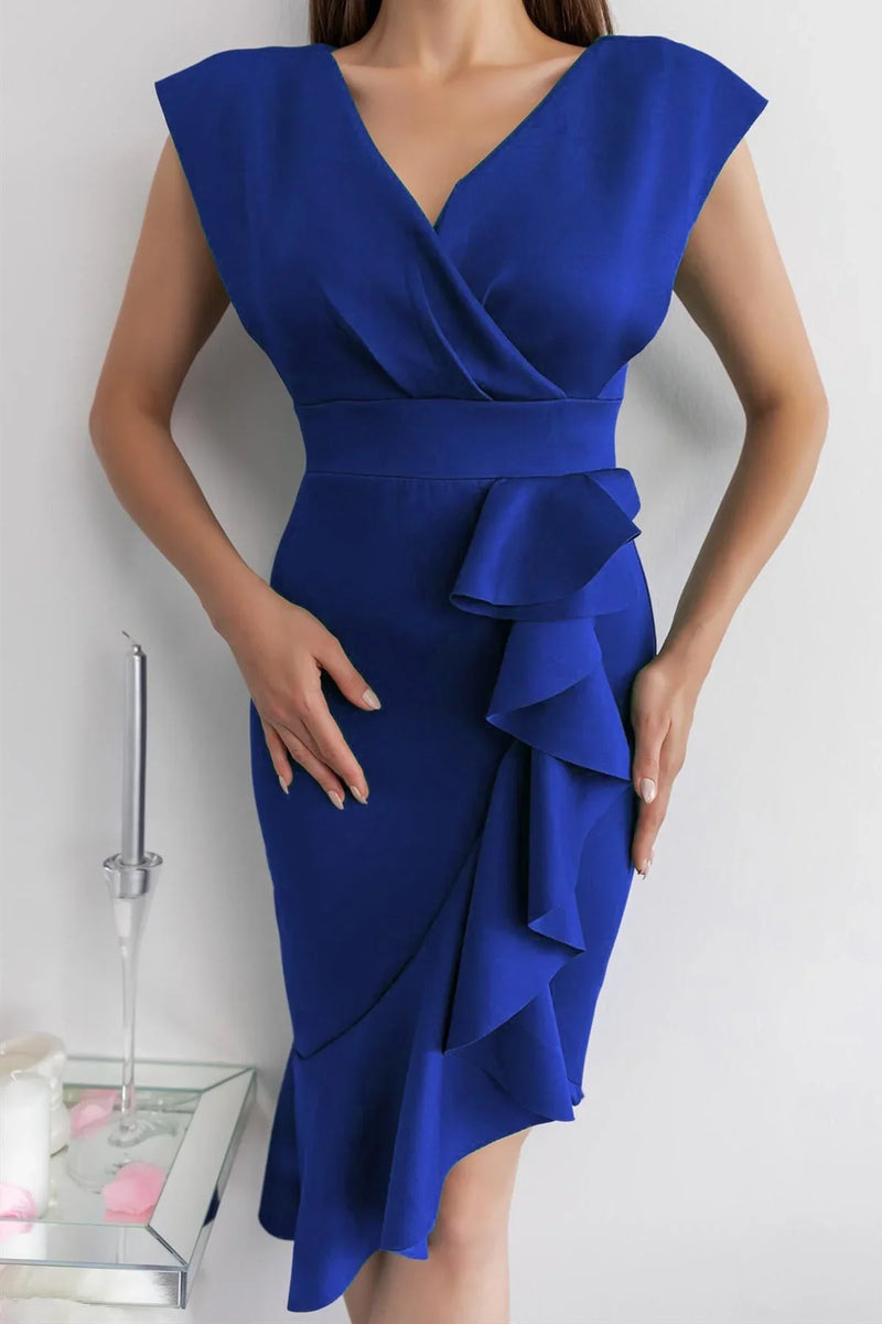 Kadın Midi Boy Sıfır Kol Fırfır Etek Tasarım Büyük Beden Elbise-Saks - Elbise Delisi