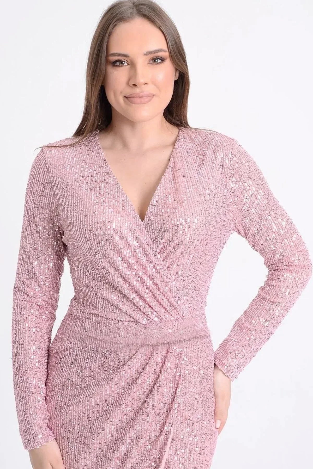 Kadın Pembe Kruvaze Yaka Pul Payet Tasarım Büyük Beden Abiye Elbise - Elbise Delisi