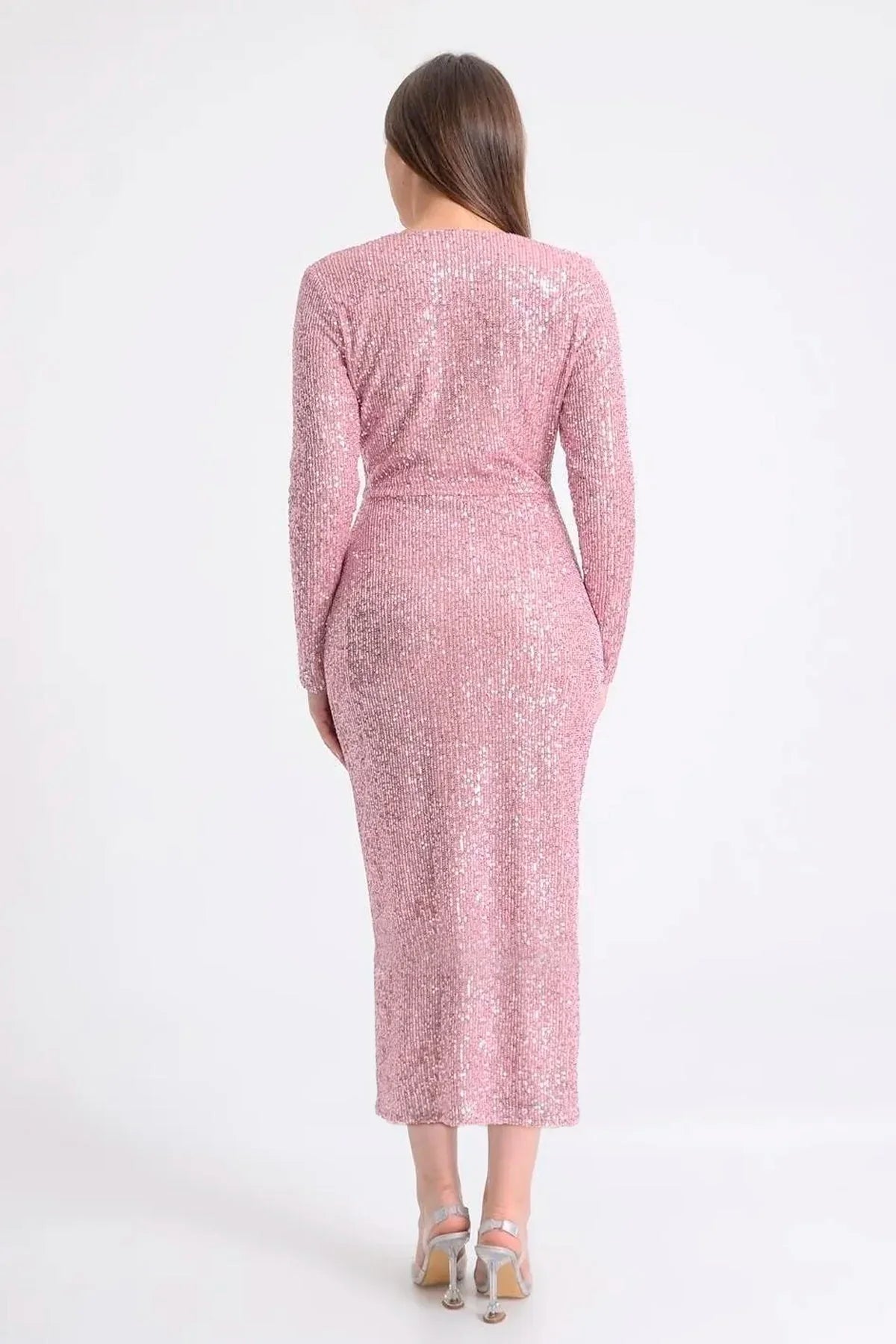 Kadın Pembe Kruvaze Yaka Pul Payet Tasarım Büyük Beden Abiye Elbise - Elbise Delisi
