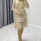 Kadın Pulpayet V yaka Tül Büyük Beden Abiye Elbise-Gold