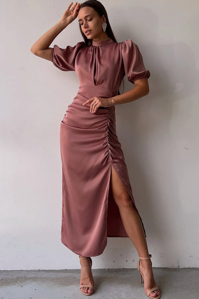 Kadın Saten Balon Kol Drapeli Yırtmaç Detaylı Abiye Elbise-Gül Kurusu - Elbise Delisi