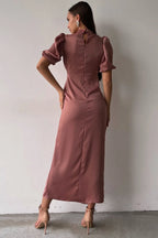 Arkadan fermuarlı balon kollu saten gül kurusu büyük beden davet elbisesi düğün abiyesi