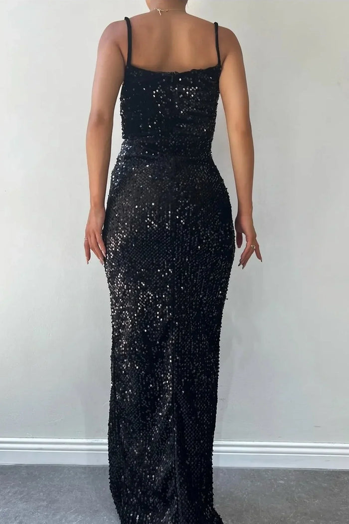 Kadın Siyah Pulpayet Ayarlanabilir Askılı Yırtmaçlı Kalem Form Büyük Beden Abiye Elbise - Elbise Delisi