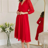 Kırmızı Balon Kol Kruvaze Midi Boy Şifon Elbise