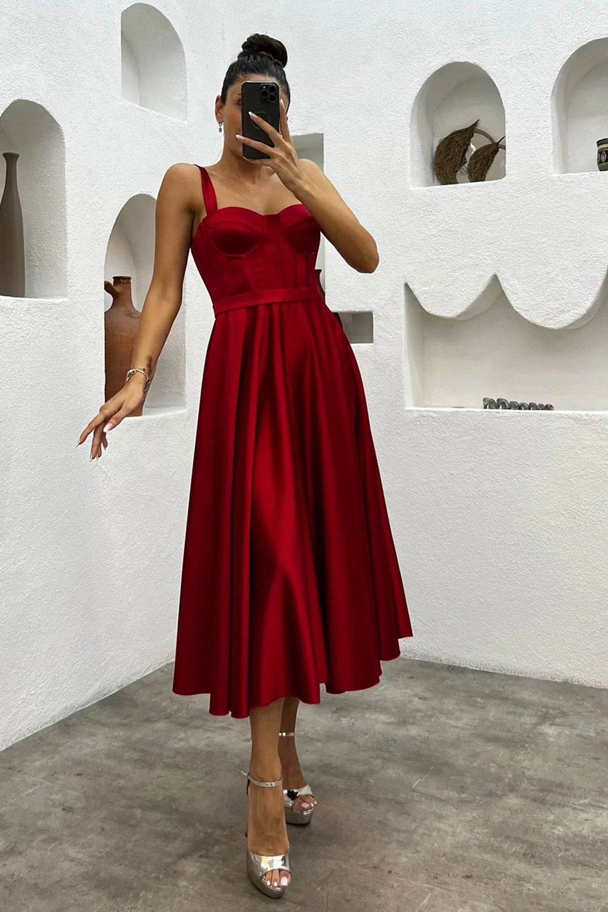 Kırmızı Midi Boy Arkadan Bağlamalı Gloplu Abiye,Balo,Mezuniyet Elbisesi - Elbise Delisi