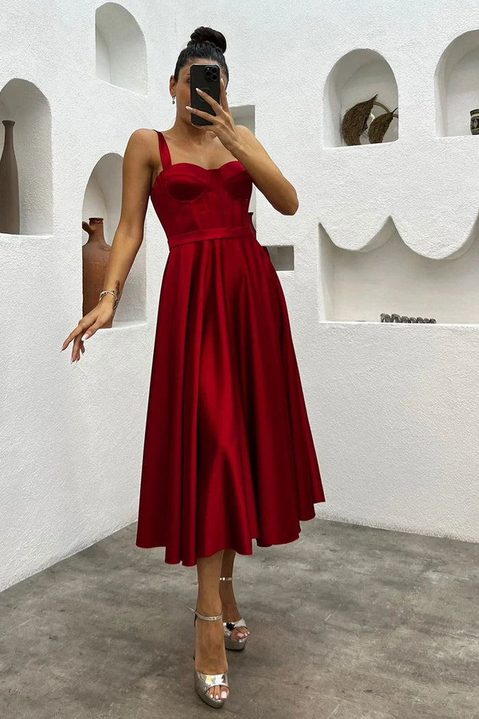 Kırmızı Midi Boy Arkadan Bağlamalı Gloplu Abiye,Balo,Mezuniyet Elbisesi - Elbise Delisi