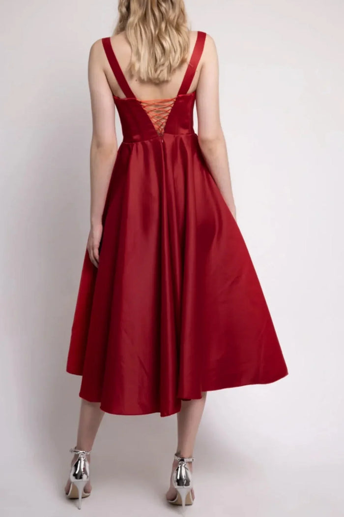 Kırmızı Midi Boy Arkadan Bağlamalı Gloplu Abiye,Balo,Mezuniyet Elbisesi - Elbise Delisi