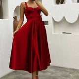 Kırmızı Midi Boy Arkadan Bağlamalı Gloplu Abiye,Balo,Mezuniyet Elbisesi