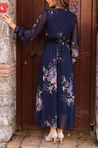 Arkadan Beli lastikli Lacivert Çiçek Desenli Kruvaze Yaka Şifon Büyük Beden Elbise Kuşaklı