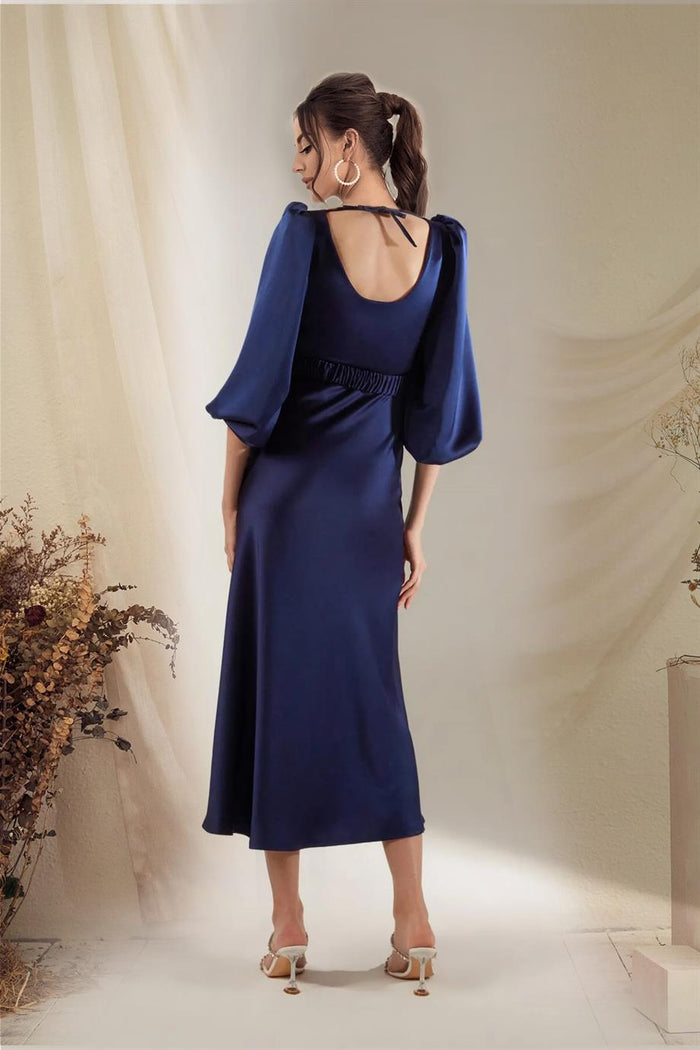 Lacivert Kemerli Balon Kol Midi Saten Büyük Beden Abiye Elbise - Elbise Delisi