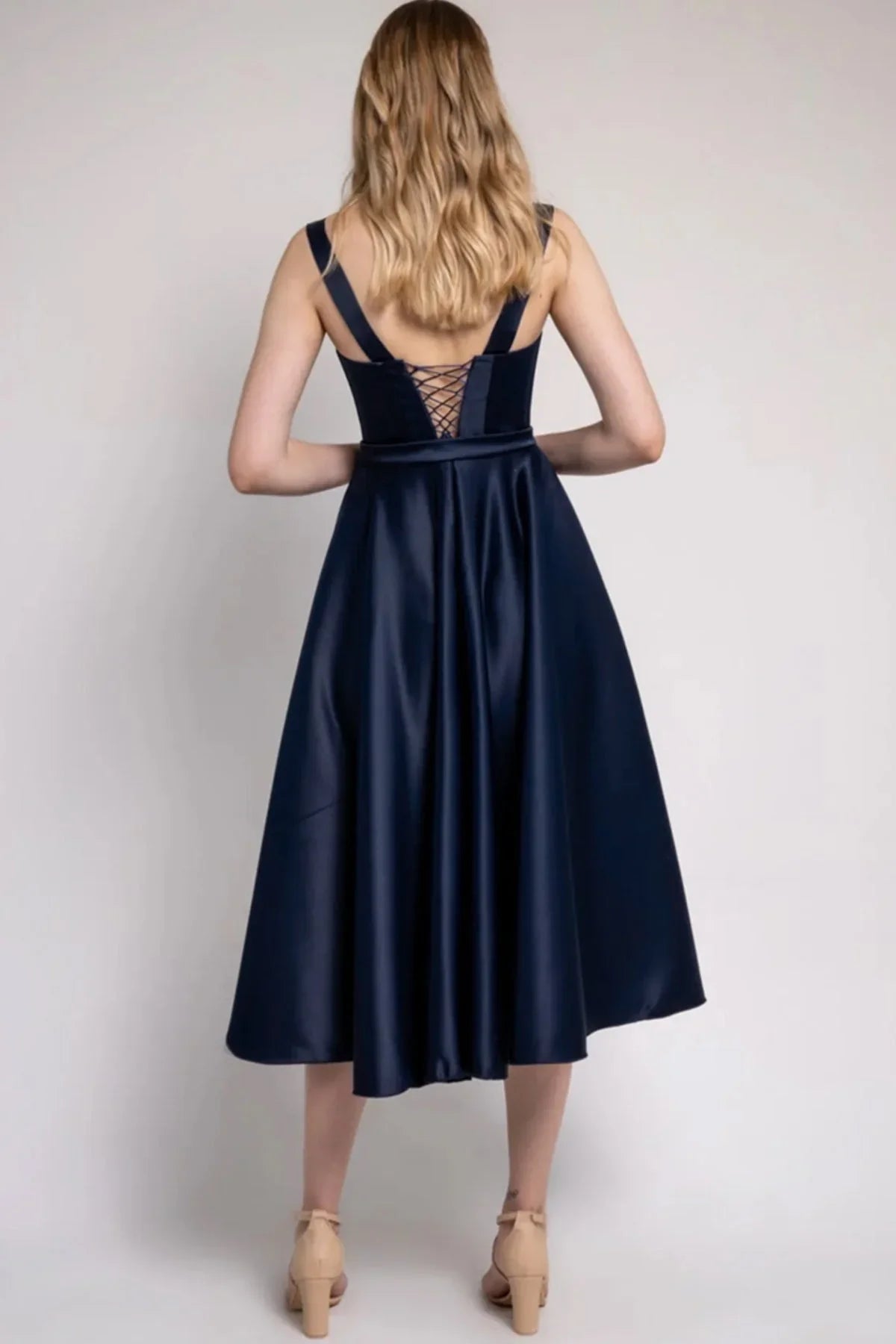 Lacivert Midi Boy Arkadan Bağlamalı Gloplu Abiye,Balo,Mezuniyet Elbisesi - Elbise Delisi