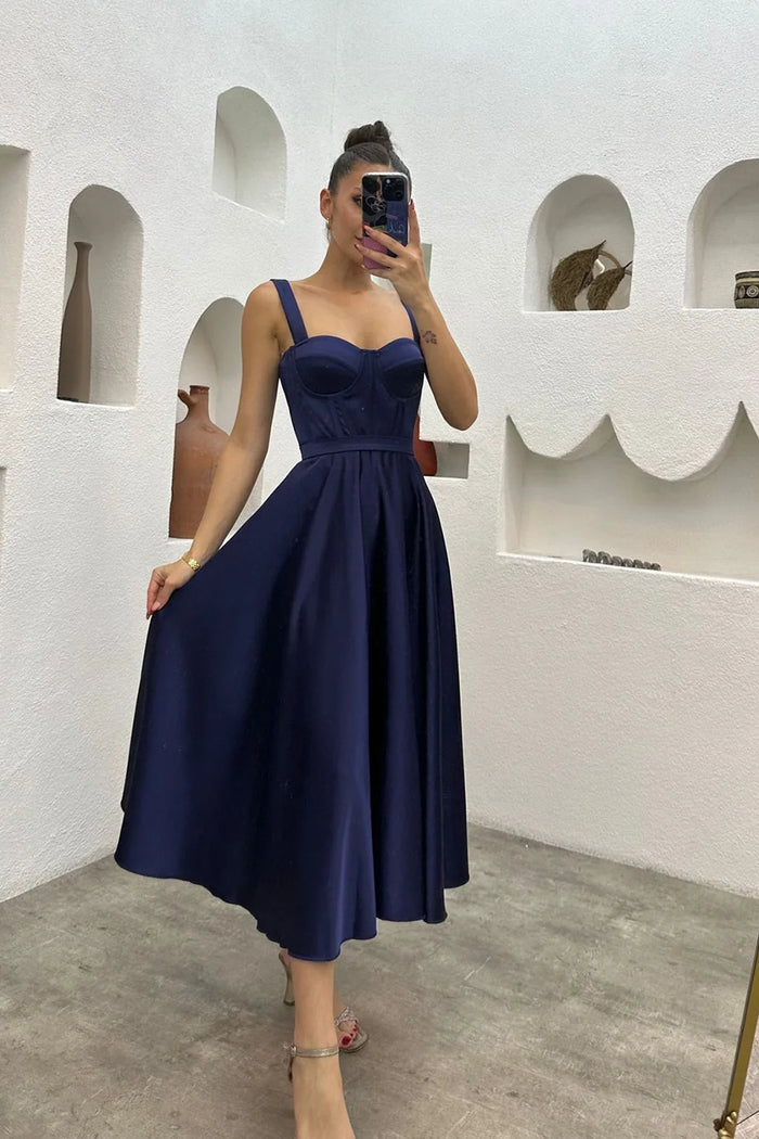 Lacivert Midi Boy Arkadan Bağlamalı Gloplu Abiye,Balo,Mezuniyet Elbisesi - Elbise Delisi