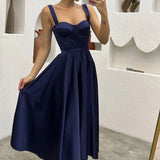 Lacivert Midi Boy Arkadan Bağlamalı Gloplu Abiye,Balo,Mezuniyet Elbisesi