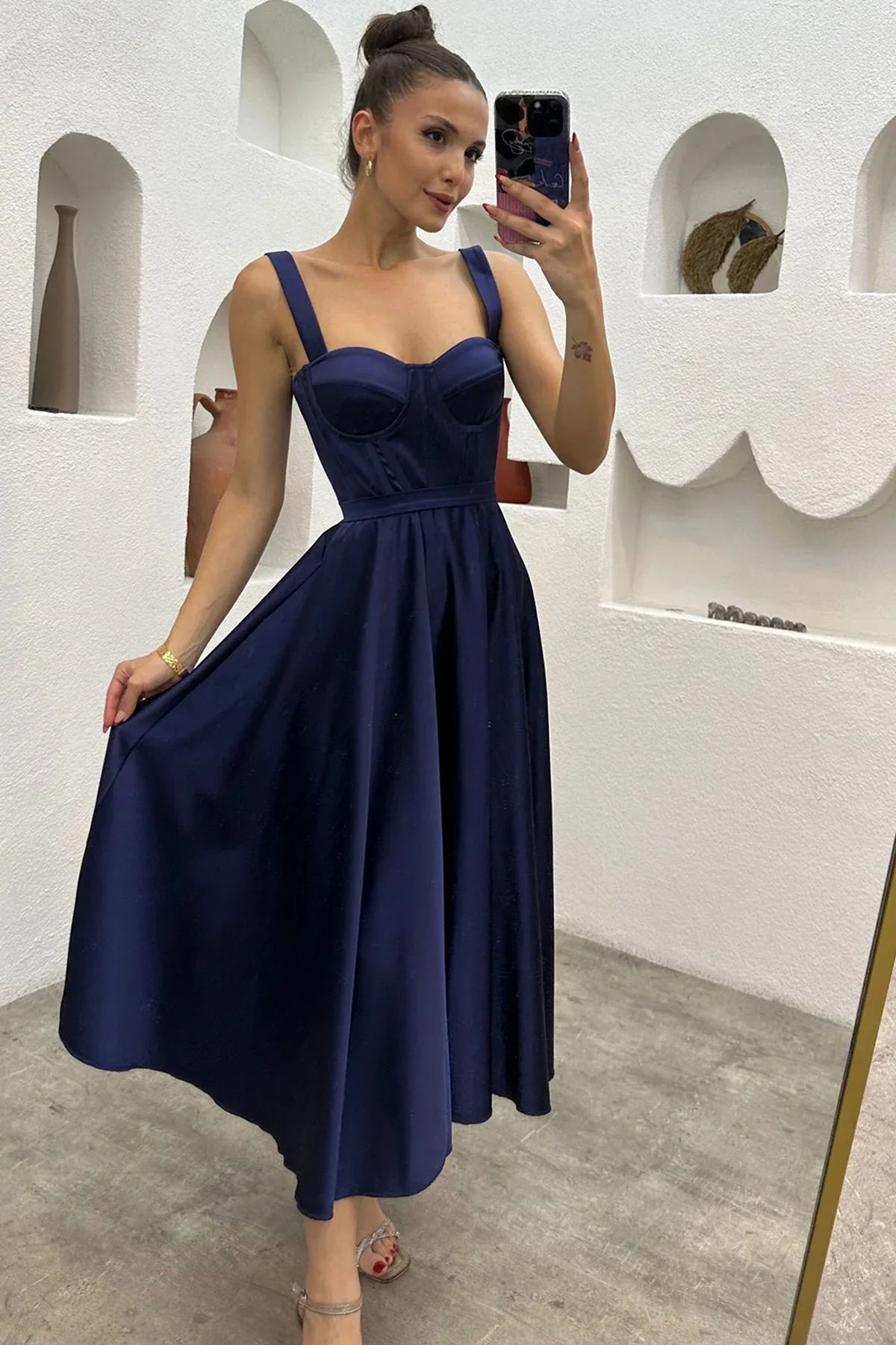 Lacivert Midi Boy Arkadan Bağlamalı Gloplu Abiye,Balo,Mezuniyet Elbisesi - Elbise Delisi