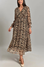 Leopar Desenli Kruvaze Yaka Şifon Büyük Beden Günlük Elbise 