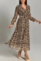 Leopar Desenli Şifon Kumaş Uzun kollu Maxi boy Büyük Beden Elbise 