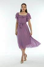Lila Volanlı Madonna Yaka Büyük Beden Şifon Elbise - Elbise Delisi